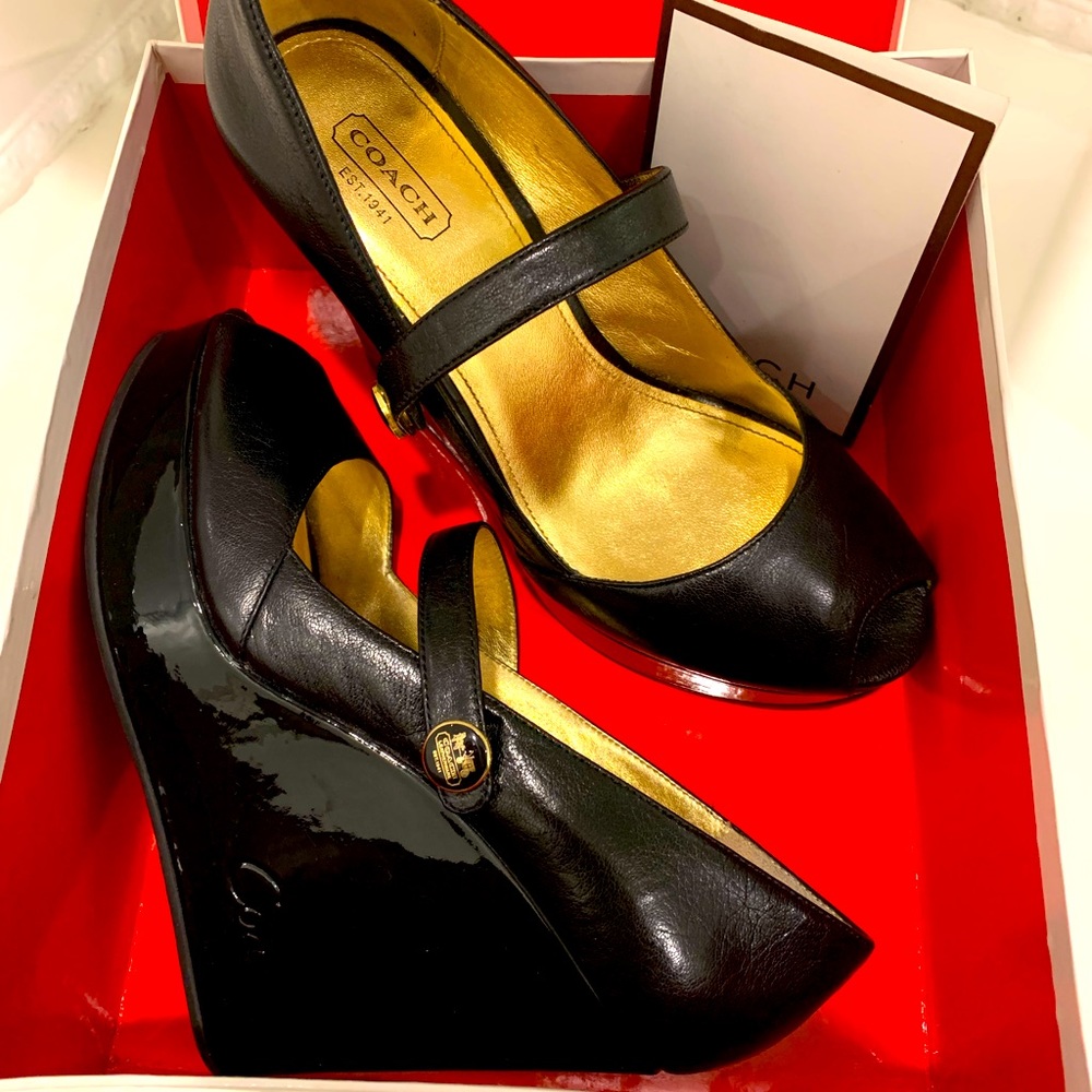 Coach Magda Wedge Black Patent peep toe Mary Janes. Size 7.5 M